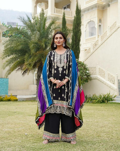 Black Embroidery Sequins Palazzo Suit With Multicolour Dupatta