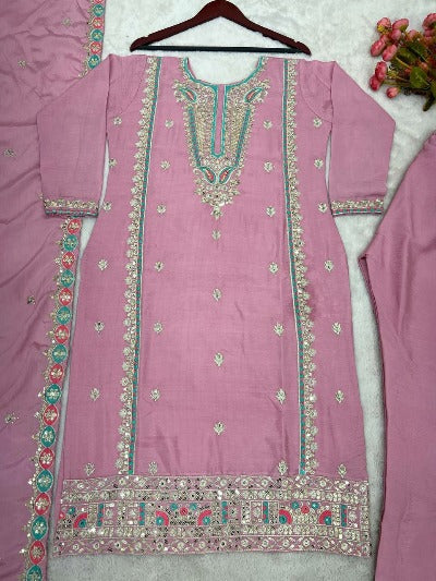 Mauve Pink Pure Chinon Silk Embroidered Salwar Suit Set