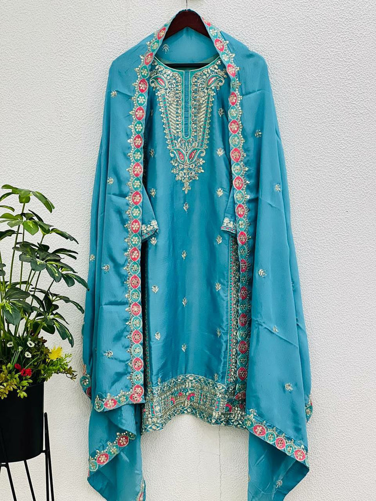 Blue Pure Chinon Silk Embroidered Salwar Suit Set 
