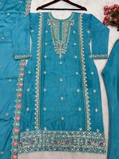 Blue Pure Chinon Silk Embroidered Salwar Suit Set 