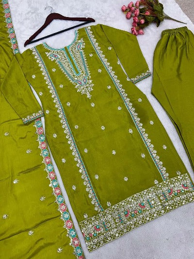 Olive Green Pure Chinon Silk Embroidered Salwar Suit Set 