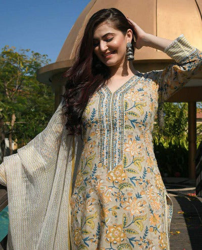 Yellow Floral Summer Wear Cotton Salwar Suit Set