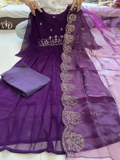 Purple Georgette Hand Embroidered Straight Suit Set