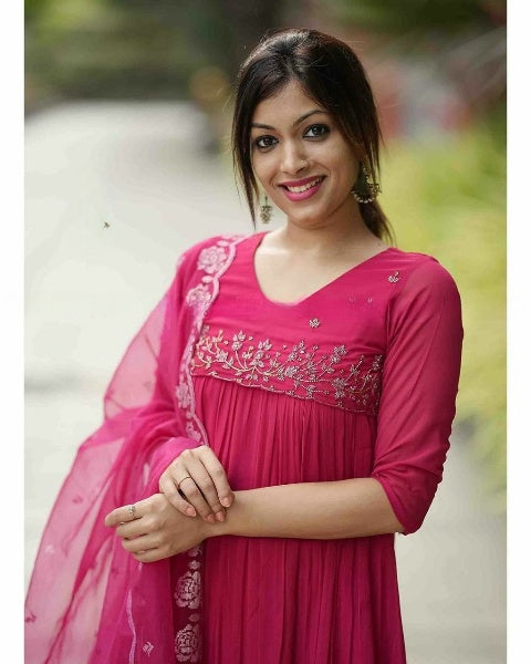 Pink Georgette Hand Embroidered Straight Suit Set