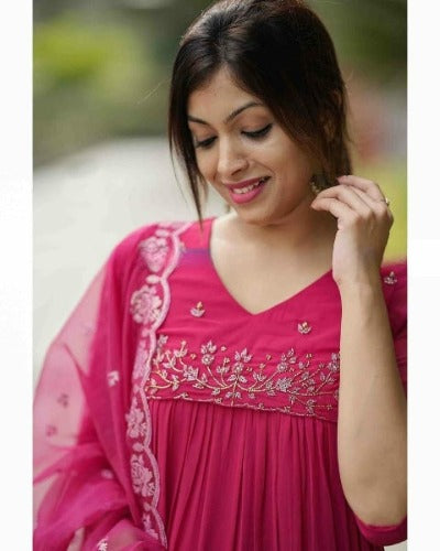 Pink Georgette Hand Embroidered Straight Suit Set