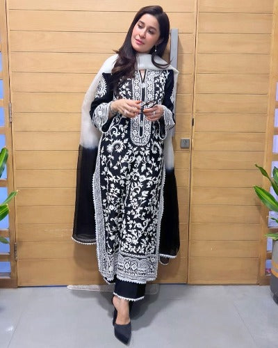 Black Georgette With Heavy White Thread Work Salwar Suit Set