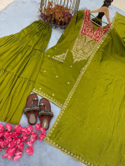 Parrot Green Vichitra Silk Rich Work Sharara Suit Set