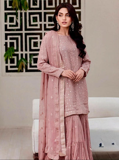 Subtle Mauve Georgette Embroidery Sequins Sharara Suit Set