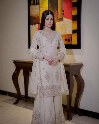 Off White Partywear Embroidered Sharara Palazzo Suit Set