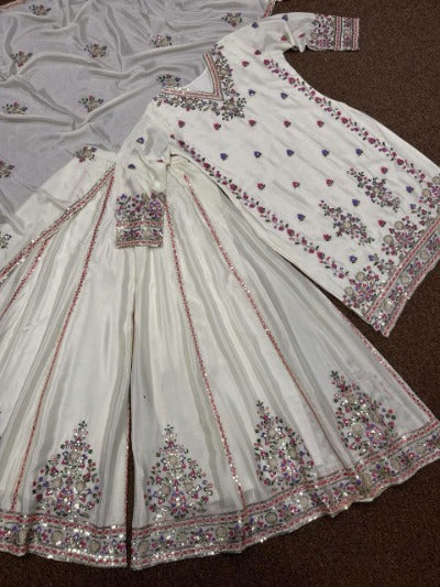 Off White Partywear Embroidered Sharara Palazzo Suit Set