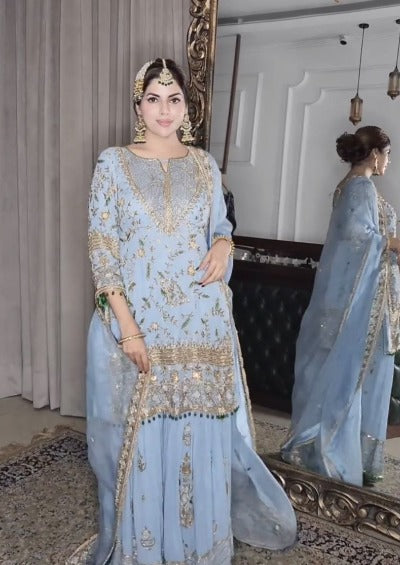 Powder Blue Georgette Embroidery Sharara Suit Set