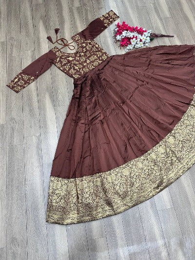 Brown Silk Embroidered Flair Gown