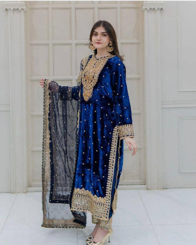 Dark Blue Velvet Designer Salwar Suit Set