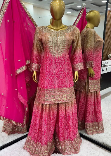 Pink Bandhani Print Chinon Silk Sharara Palazzo Suit Set