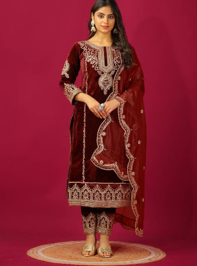 Red Velvet Coding Embroidery Work Grand Salwar Suit Set