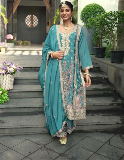 Sky Blue Pure Chinon Silk Embroidered Palazzo Suit Set