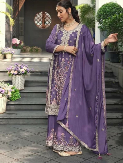 Lavender Pure Chinon Silk Embroidered Palazzo Suit Set