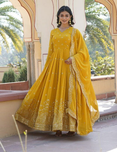 Haldi Yellow Georgette Designer Anarkali Gown With Dupatta Set Of 2
