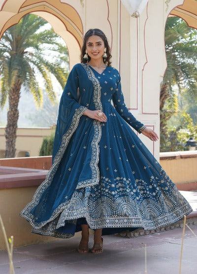 Peacock Blue Georgette Designer Anarkali Gown With Dupatta Set Of 2