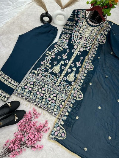 Cobalt Green Georgette Heavy Sequence Work Palazzo Suit Set
