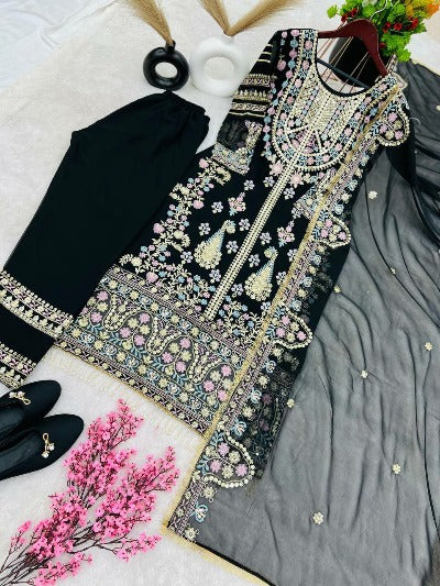 Black Georgette Heavy Sequence Work Palazzo Suit Set