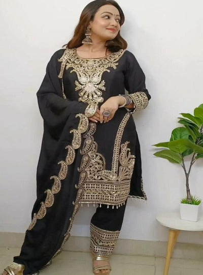 Black Chinon Silk Embroidered Coding Sequence Salwar Suit Set