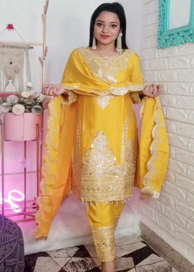 Yellow Chinon Silk Embroidered Coding Sequence Salwar Suit Set
