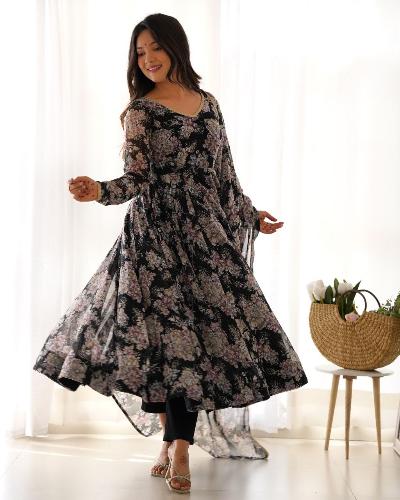 Black Georgette Multifloral Anarkali Suit Set