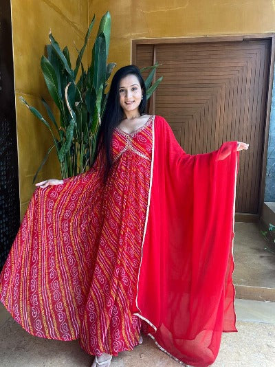 Red Bandhani Anarkali Gown With Dupatta Set Of 2