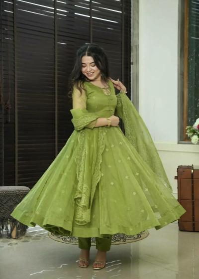 Green Georgette Self Embroidered Anarkali Suit Set