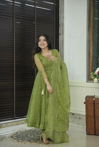 Green Georgette Self Embroidered Anarkali Suit Set