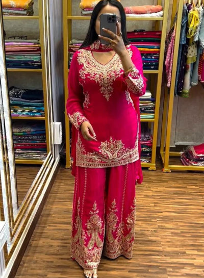 Magenta Graceful Embroidered Chinnon Silk Palazzo Suit Set