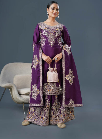 Wine Graceful Embroidered Chinnon Silk Palazzo Suit Set