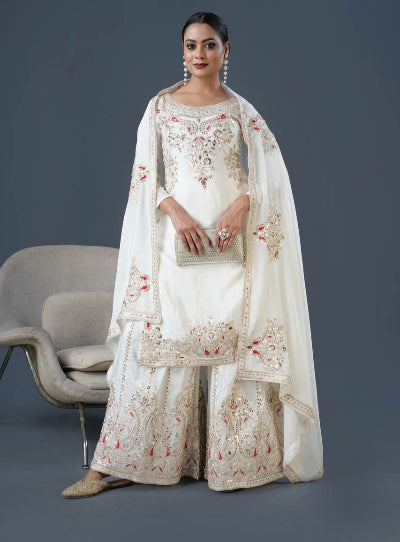 White Graceful Embroidered Chinnon Silk Palazzo Suit Set