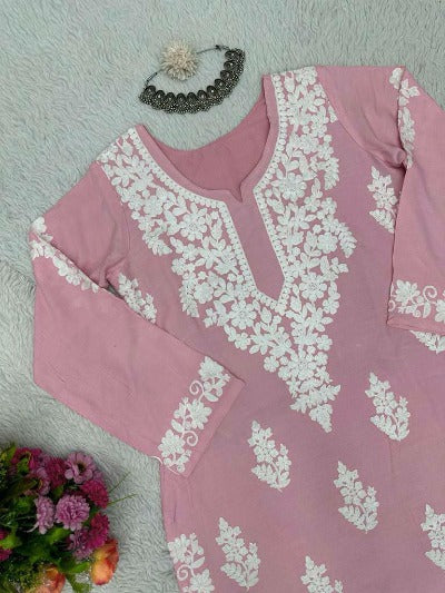 Pastel Pink Cotton Lucknowi Work Kurti Pant Set Of 2