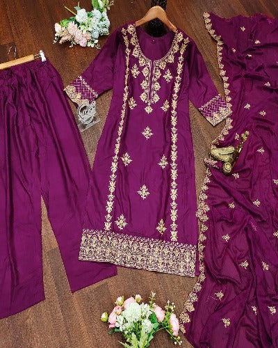 Wine Embroidered  Rayon Salwar Suit Set