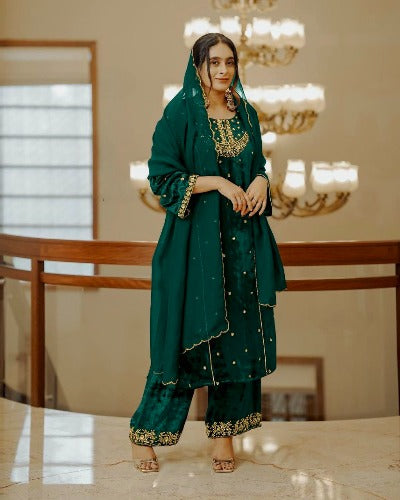 Dark Green Partywear Velvet Sequence Salwar Suit Set