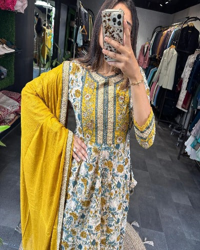 Yellow Cotton Mill Printed Anarkali Suit Set