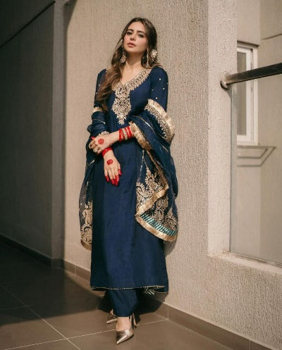 Rich Peacock Blue Chinon Silk Embroidered Salwar Suit Set