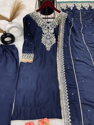 Rich Peacock Blue Chinon Silk Embroidered Salwar Suit Set