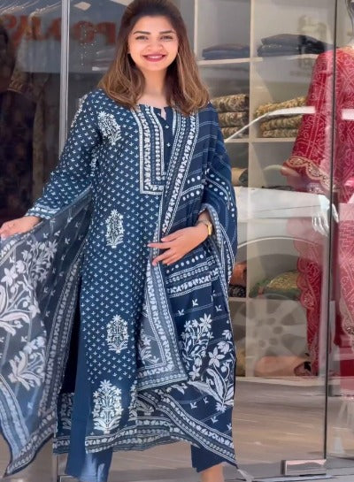 Blue Pure Cotton Muslin Digital Print Salwar Suit Set