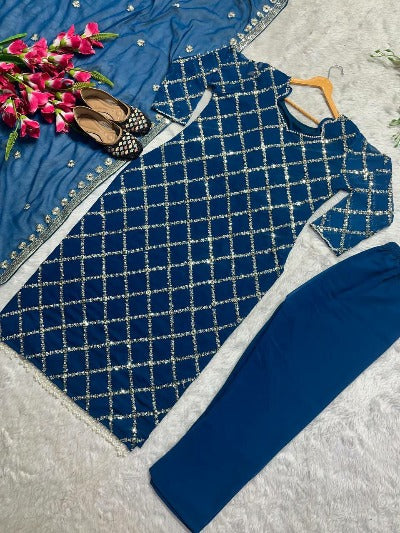Peacock Blue Georgette Sequence Work Partywear Salwar Suit Set