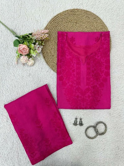 Hot Pink Cotton Lucknowi Work Kurti Pant Set Of 2