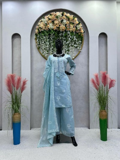 Light Blue Tabby Organza Thread Work Salwar Suit Set