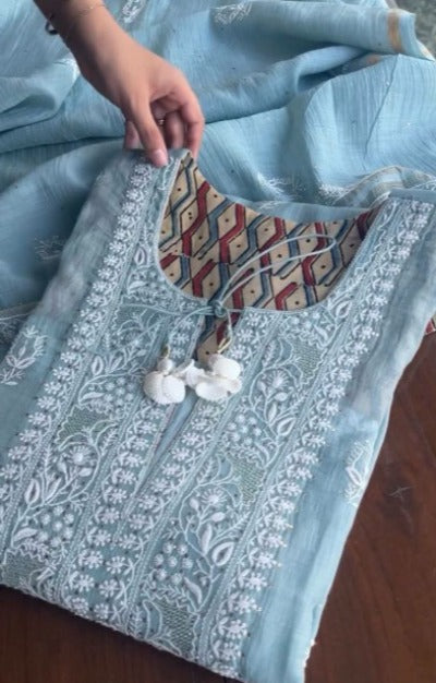 Light Blue Tabby Organza Thread Work Salwar Suit Set