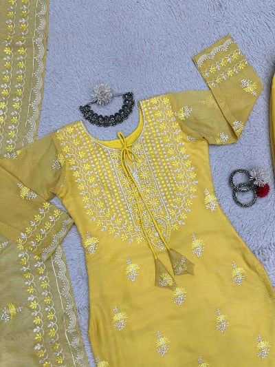 Chanderi Yellow Tabby Organza Thread Work Salwar Suit Set