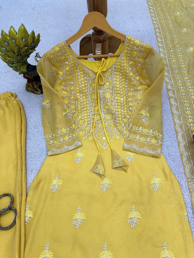 Chanderi Yellow Tabby Organza Thread Work Salwar Suit Set