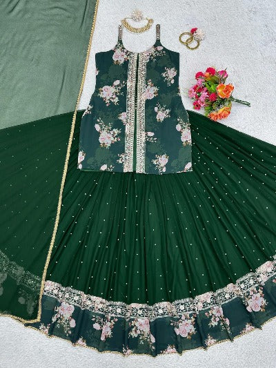 Bottle Green Georgette Wedding Wear Stitched Lehenga Choli Set