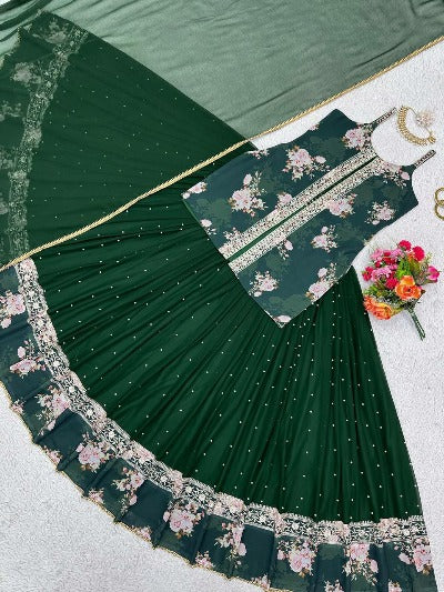 Bottle Green Georgette Wedding Wear Stitched Lehenga Choli Set