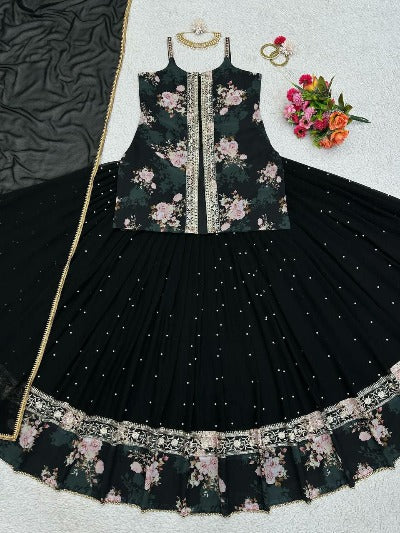 Black Georgette Wedding Wear Stitched Lehenga Choli Set
